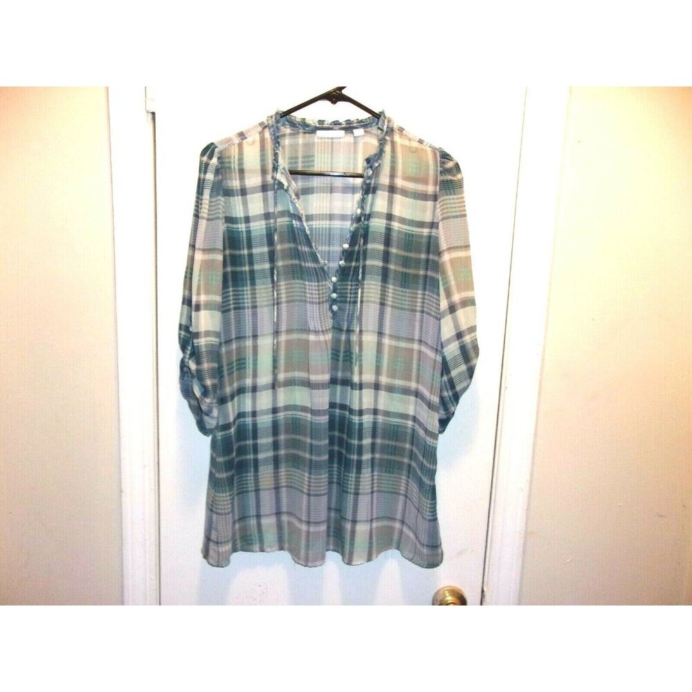 New York and Company Gray‎ Blue Plaid Sheer Half Button Roll Tab Sleeve Top XS